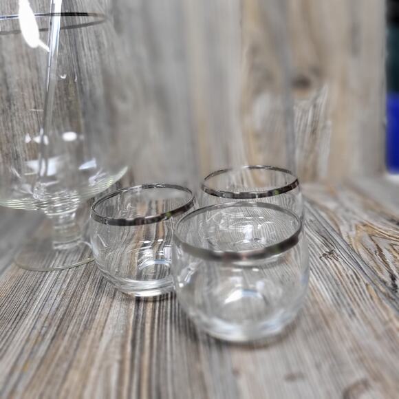 Vintage Brandy Snifter Cocktail Pitcher 6 Roly Poly Tumblers Swizzle, Silver Rim - Picture 4 of 8